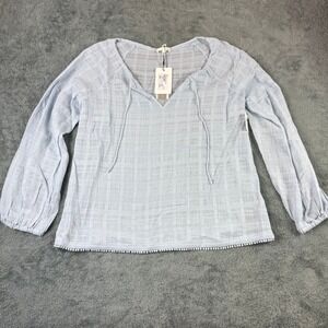 Skin LT Blue Crinkled Baby Long Sleeve Top V-Neck Tie Pom Pom Trim NWT Size 1